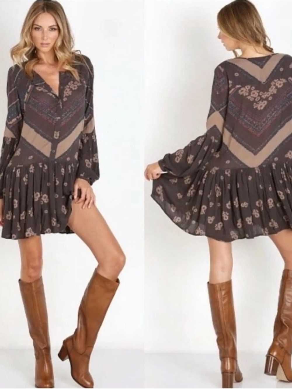 Free People From Your Heart Printed Smock Mini Tunic Dress Long Sleeve Gray Boho